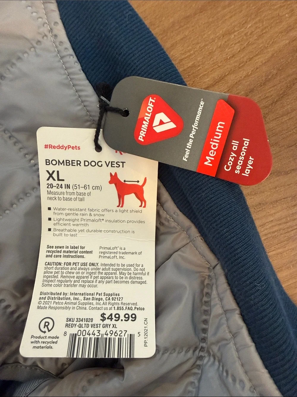 Reddy quilted bomber dog vest xl primaloft grey